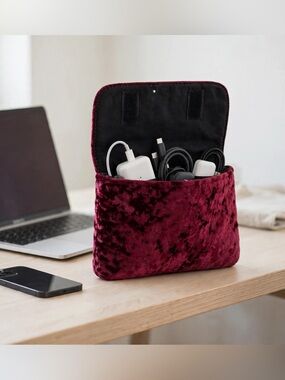 Velvet Tech Organizer Pouch in Deep Burgundy - Tablet & Accessory Sleeve
